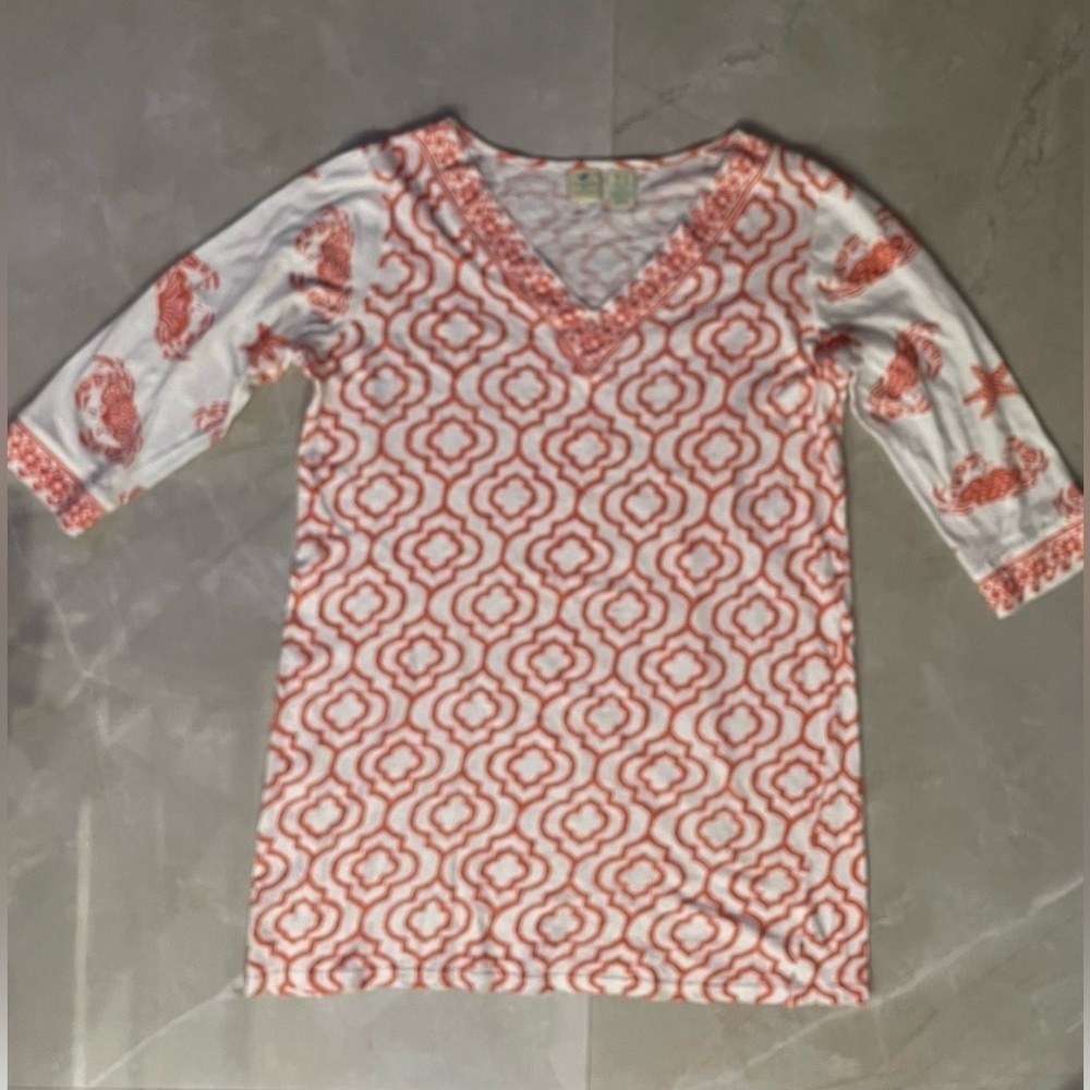 Caribbean Joe Woman Top Size Large Orange White Color V-neck 3/4 Sleeve Pullover
